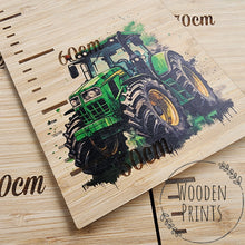 Personalised wooden height ruler with green tractor design, measuring children’s growth